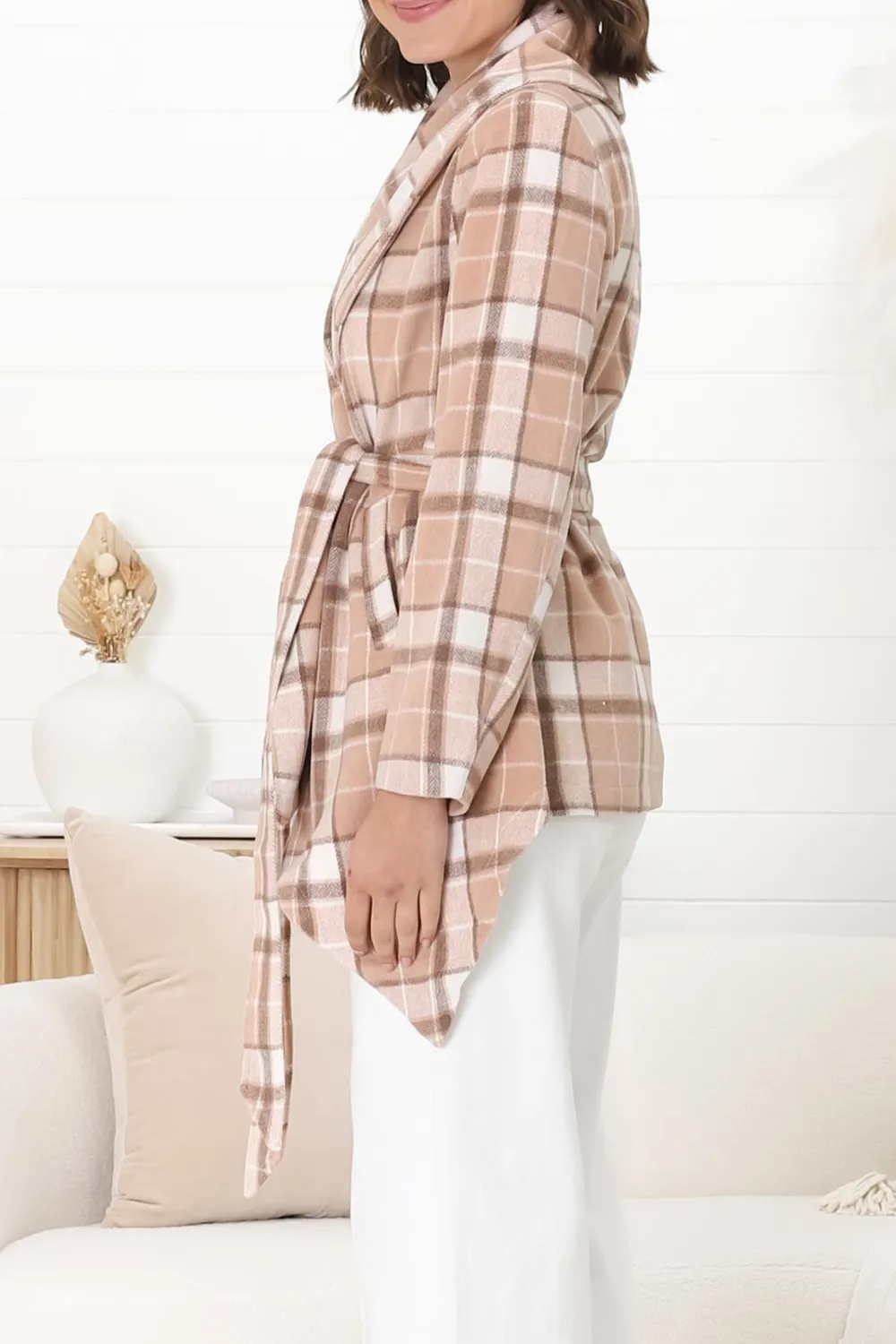 Beige Plaid Belted Wrap Jacket