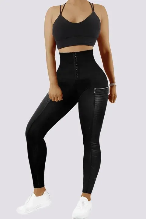 Contrast Panel Hook & Eye Zipper Detail Sports Leggings