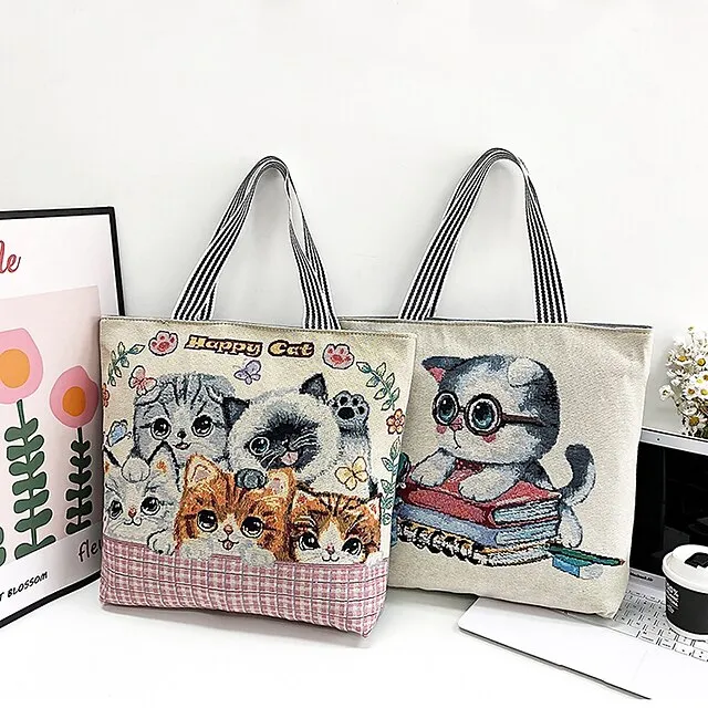 Women's Tote Shoulder Bag Canvas Tote Bag Oxford Cloth Shopping Daily Zipper Print Large Capacity Lightweight Durable Cat Flower Folk Butterfly Unicorn Black cat