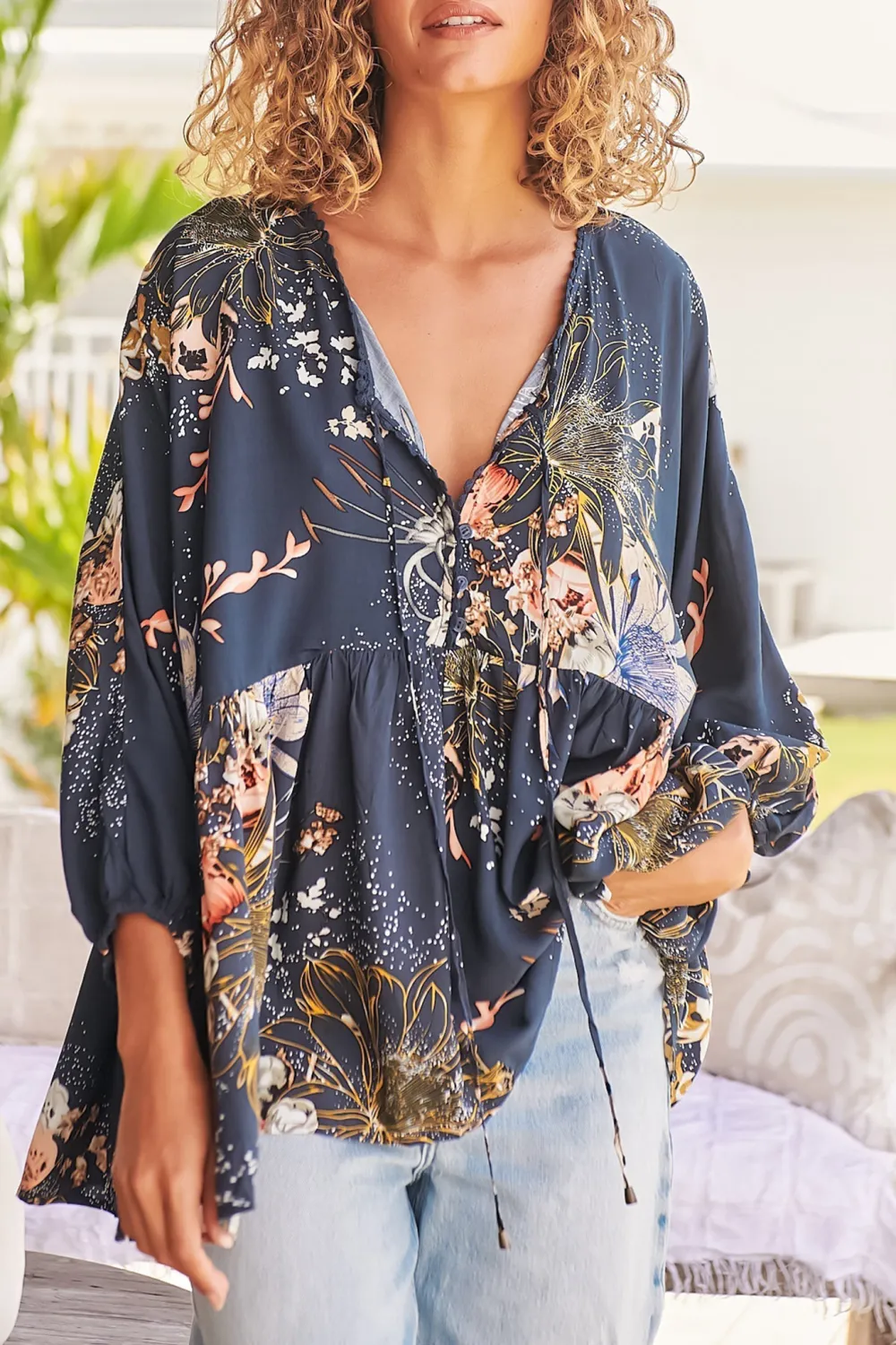 Navy Blue Floral Print Loose Fit Blouse