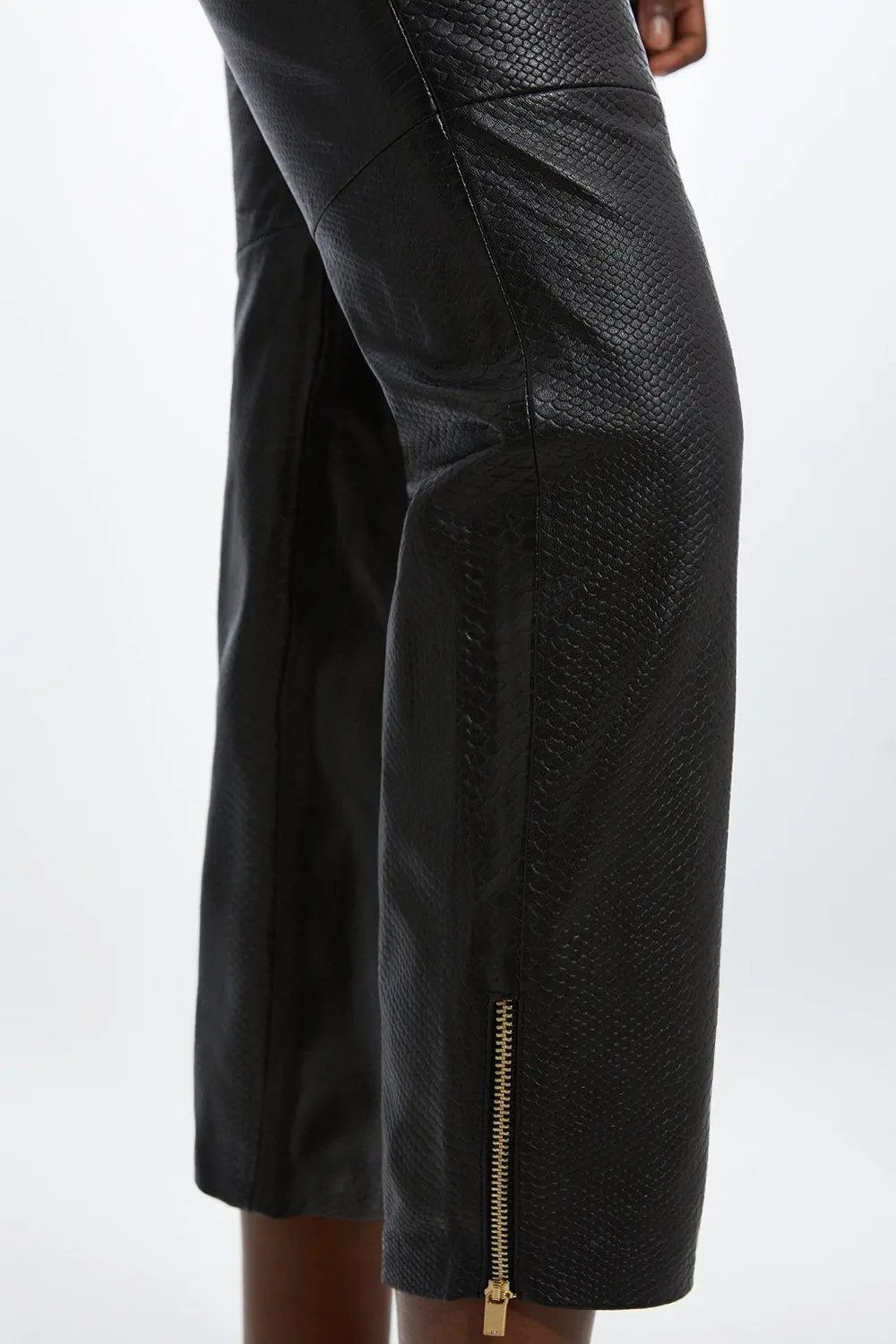 Snake Print Leather Slim Leg Low Rise Trousers