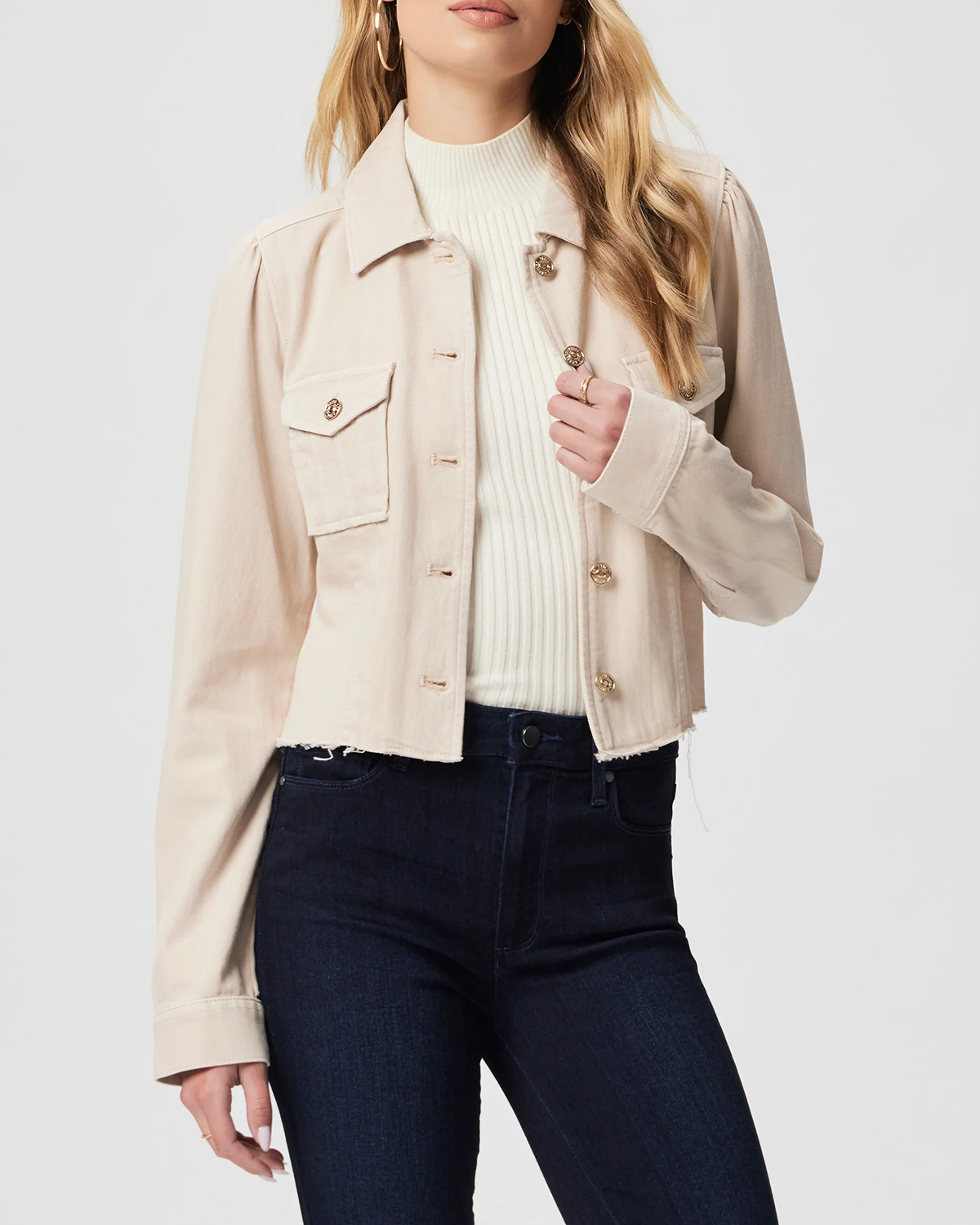 Beige Cropped Denim Jacket