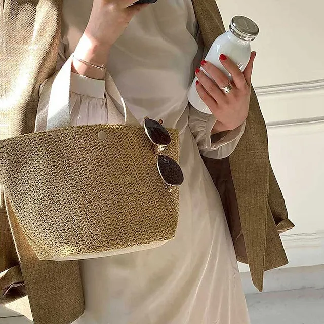 Women's Top Handle Bag Straw Daily Going out Pearls Geometric Black White