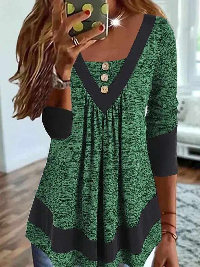 Women's Plus Size T shirt Tee Color Block Blue Orange Green Button Flowing tunic Long Sleeve Casual Weekend Basic V Neck Regular Fit Fall & Winter