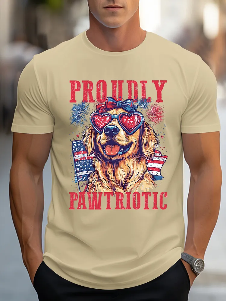 Man'S Proudly Pawtriotic Round-Neck Short-Sleeved T-Shirt
