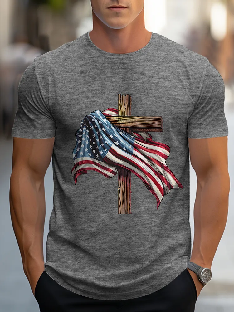 Man'S The Stars And Stripes Cross Print Round-Neck Short-Sleeved T-Shirt