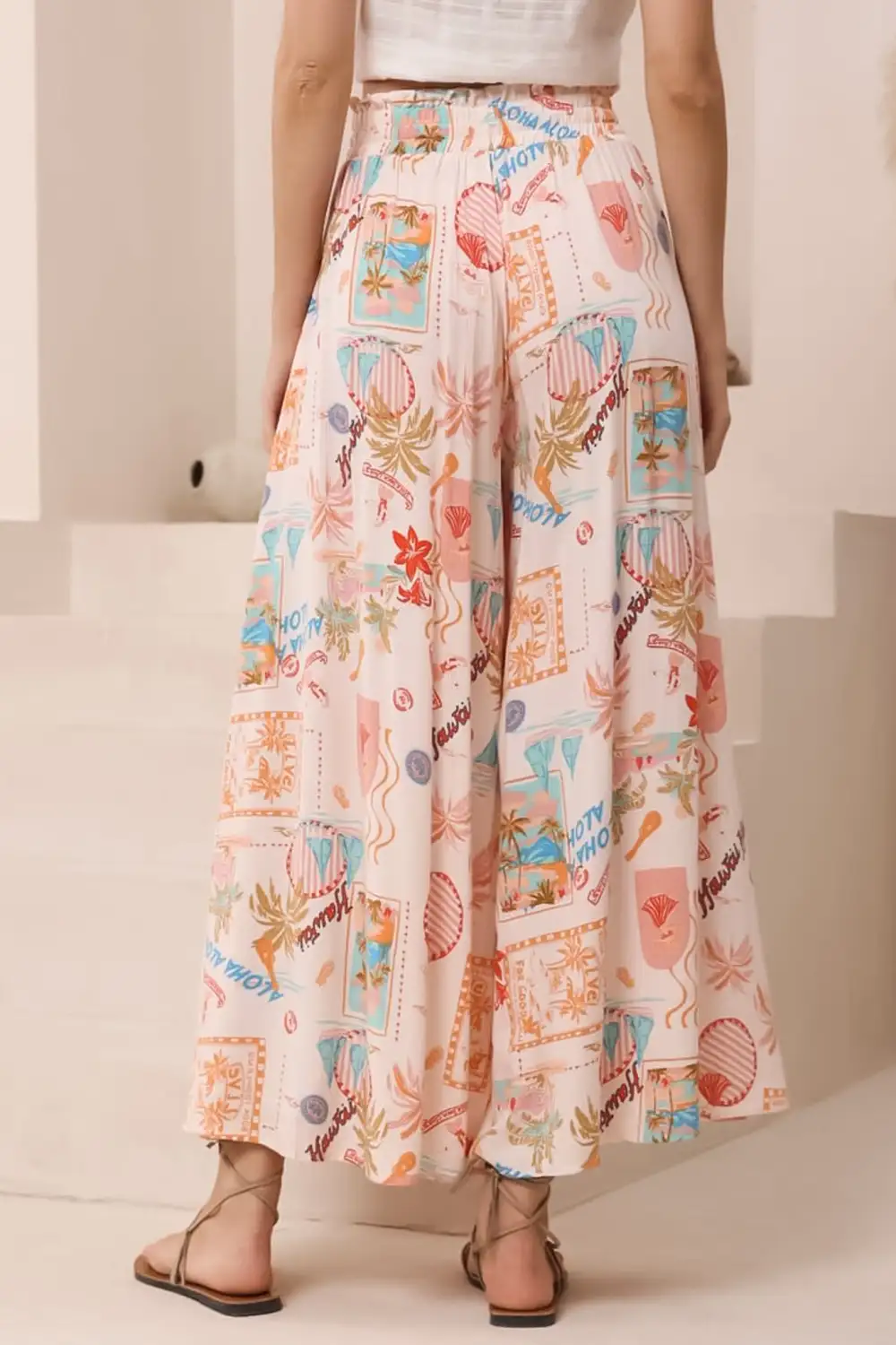 Pink Floral Print High Waist Wide Leg Pants