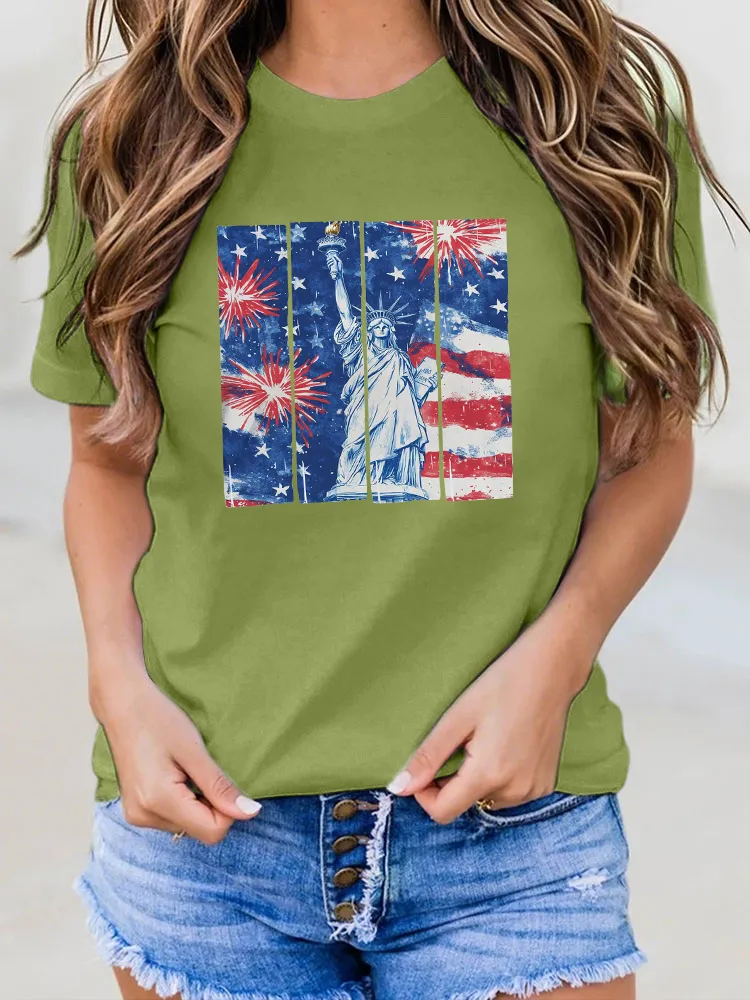 Woman'S The Print Of The Statue Of Liberty Round-Neck Short-Sleeved T-Shirt