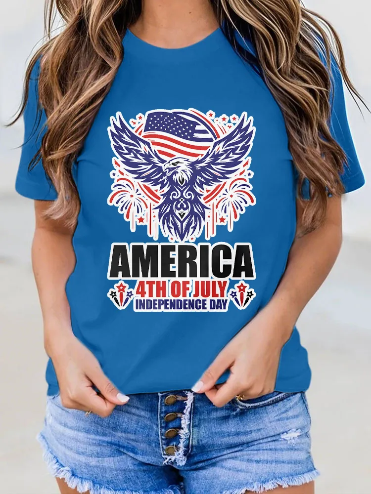 Woman'S America 4Th Of July Independence Day Round-Neck Short-Sleeved T-Shirt