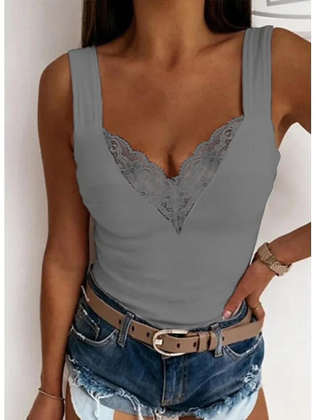 Women's Tank Top Going Out Tops Camis Concert Tops Black White Blue Plain Patchwork Lace Trims Sleeveless Party Daily Basic Sexy Sweetheart Regular S