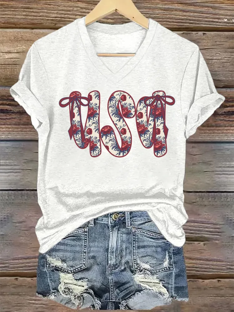 Woman'S USA Independence Day V-Neck And Short Sleeves T-shirt