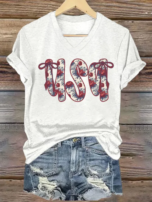 Woman'S USA Independence Day V-Neck And Short Sleeves T-shirt