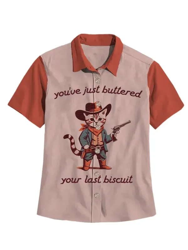 Western Vintage Cowboy Cat Short Sleeve Shirt