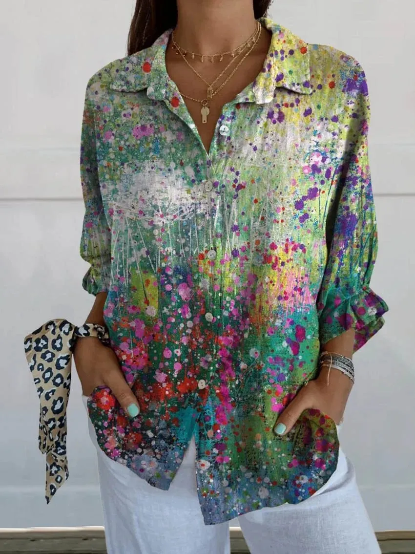 Women's Casual Plant Print Long Sleeve Cotton and Linen Shirt