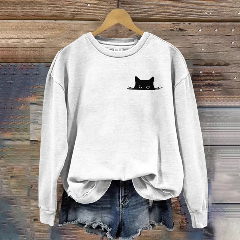 Women's Embroidered Black Cat Print Sweatshirt