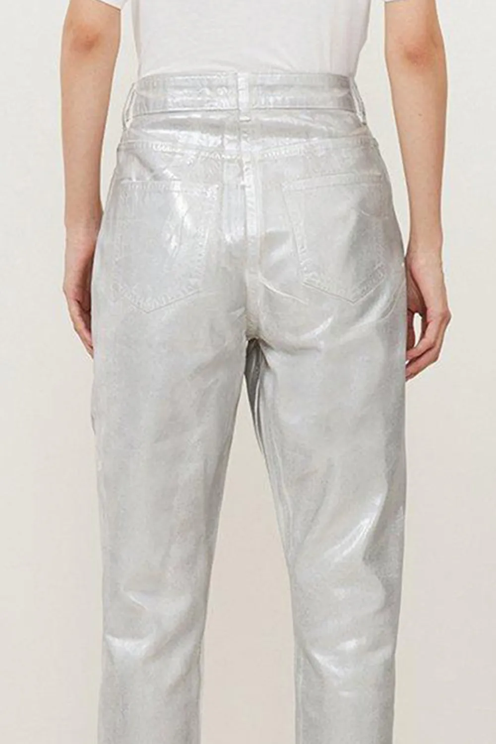 High Rise Slim Leg Silver Foiled Trouser