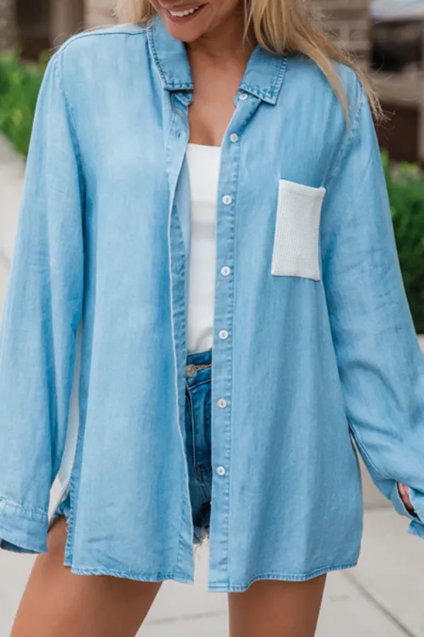 Waffle Detail Chambray Button Front Blouse
