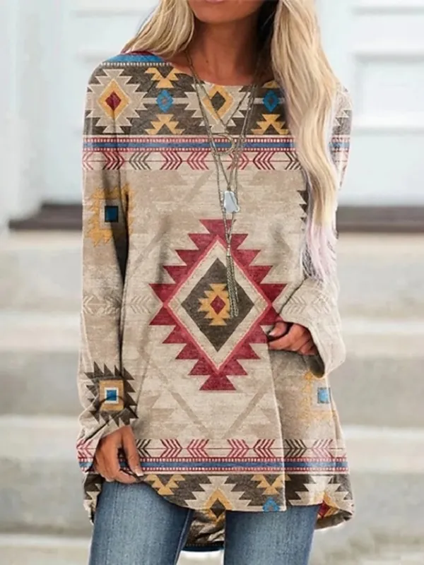Women's Plus Size T shirt Tee Burgundy Tee Tunic Shirts Marron Yellow Light Green Geometric Plaid Print Long Sleeve Casual Vintage Tunic Ethnic Round Neck Regular Fit Bohemian Theme Geometric Fall