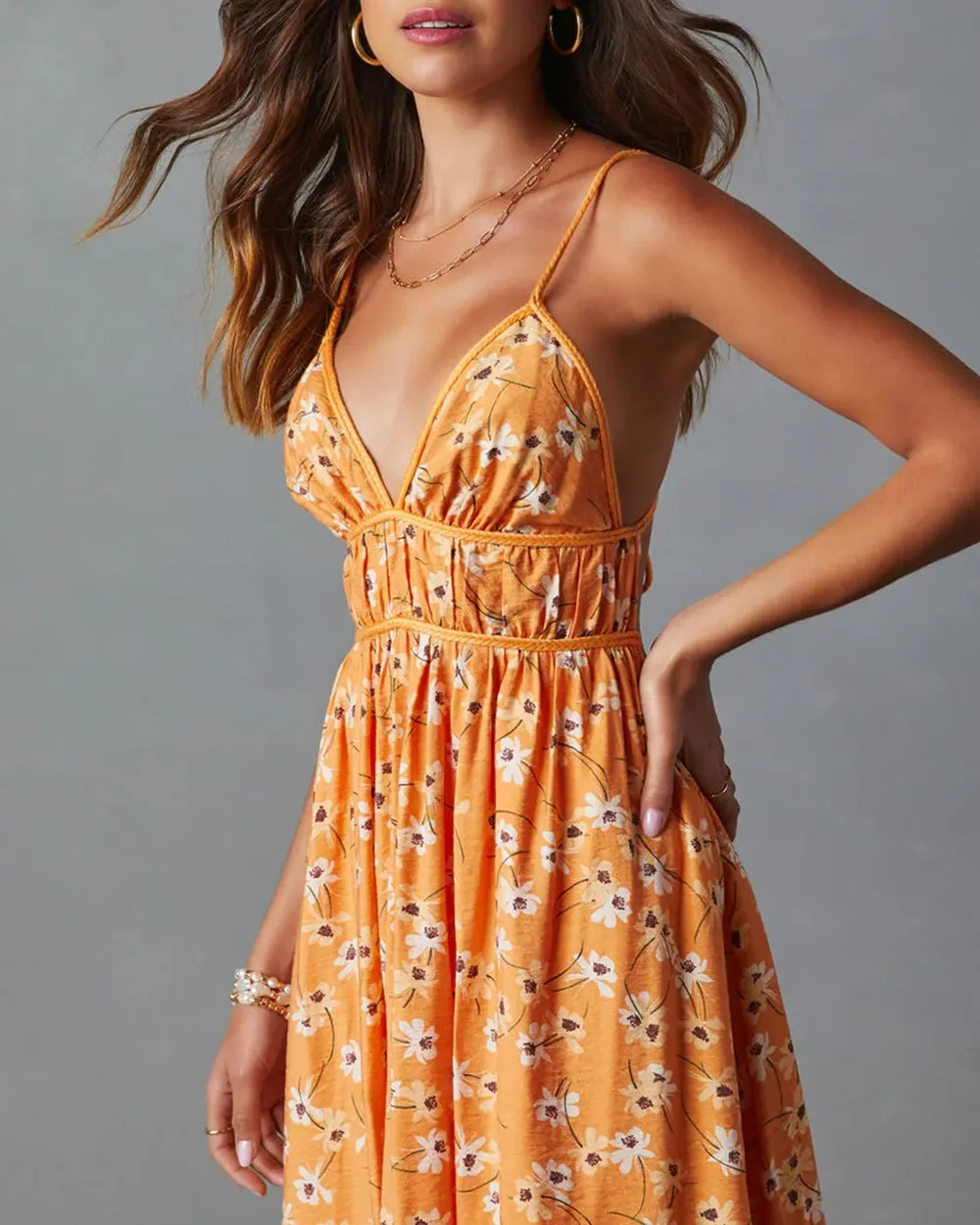 Braided Tie Floral Print Maxi Dress