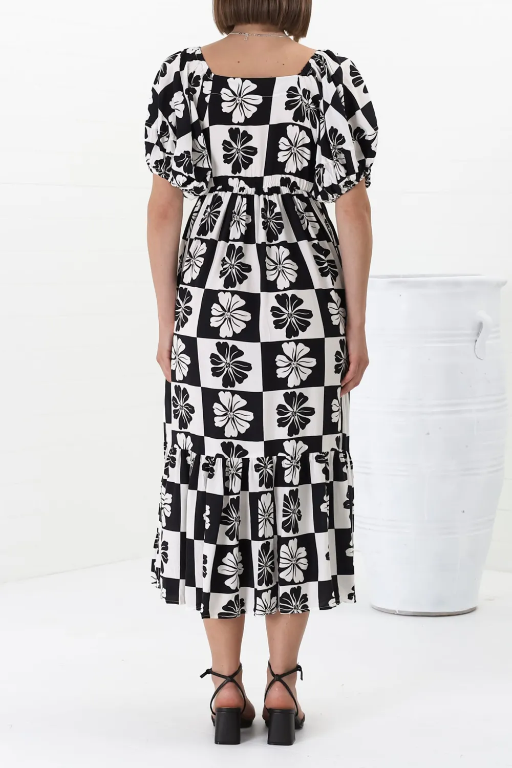 Black Checkered Puff Sleeve Midi Dress