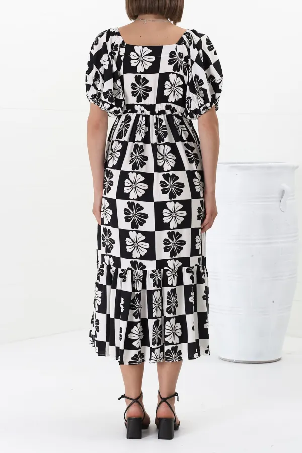 Black Checkered Puff Sleeve Midi Dress