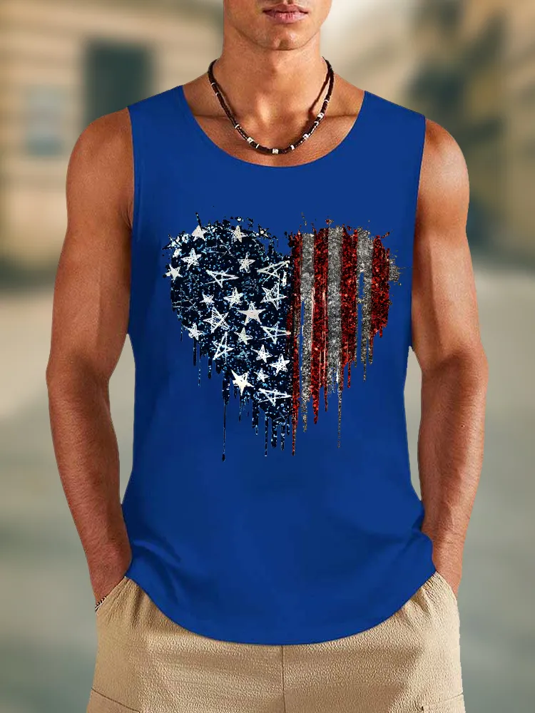 Men'S Stars And Stripes Heart-Shaped Print Round-Necked Sleeveless Vest