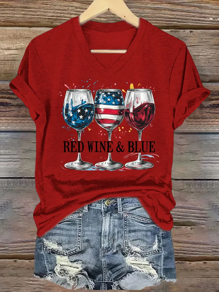 Woman'S Red Wine And Blue V-Neck And Short Sleeves T-shirt