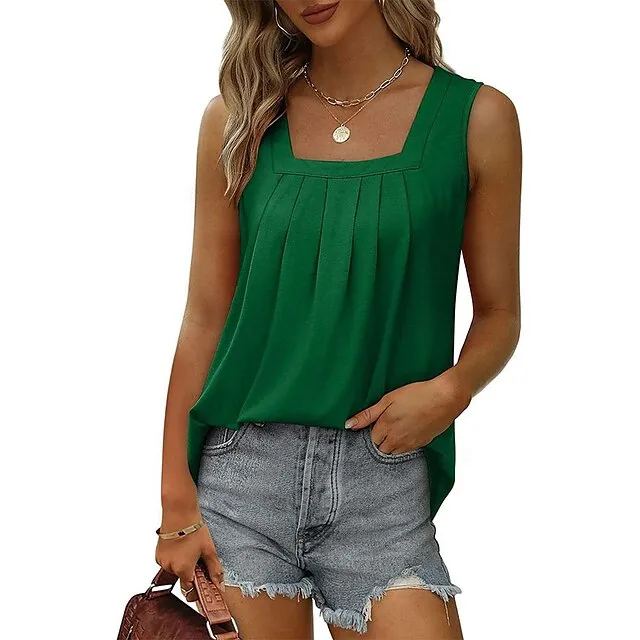 Tank Women's Wine Red Black White Solid / Plain Color Pleated Daily Basic Square Neck S