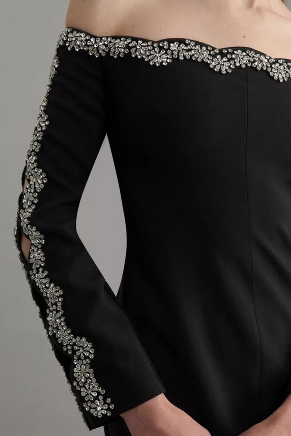 Crystal Embellished Scalloped Bardot Tailored Midaxi Dress