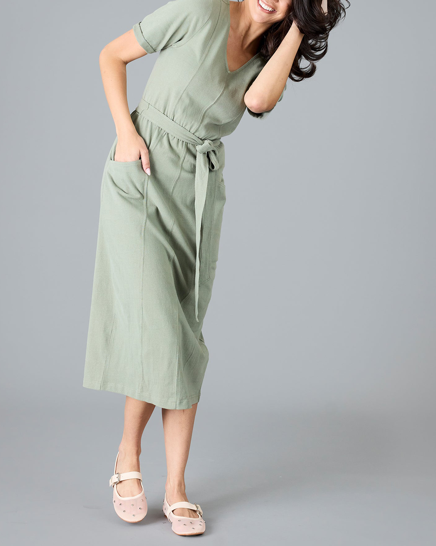 Slight Stretch V Neck Midi Dress