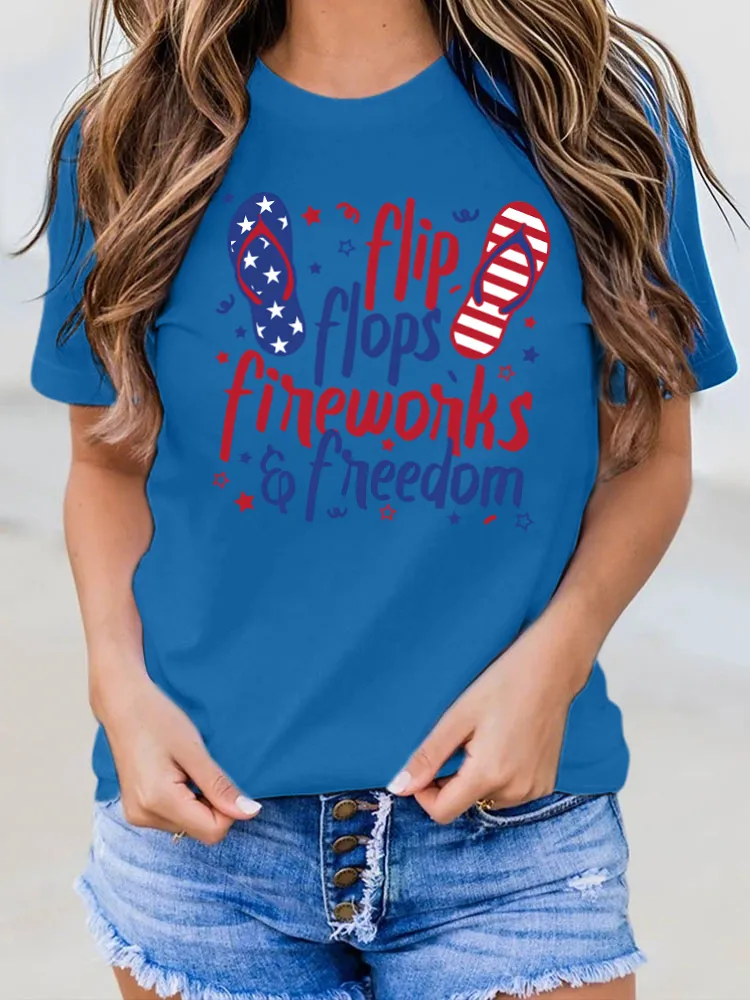 Flip Flops Fireworks Freedom Print Round-Neck Short-Sleeved T-Shirt