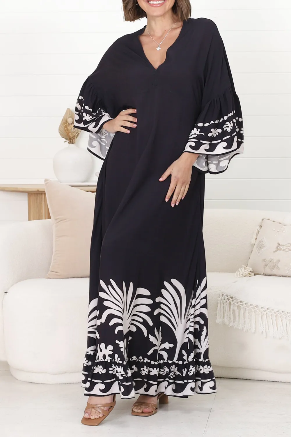 Black Floral Print Bell Sleeve Maxi Dress