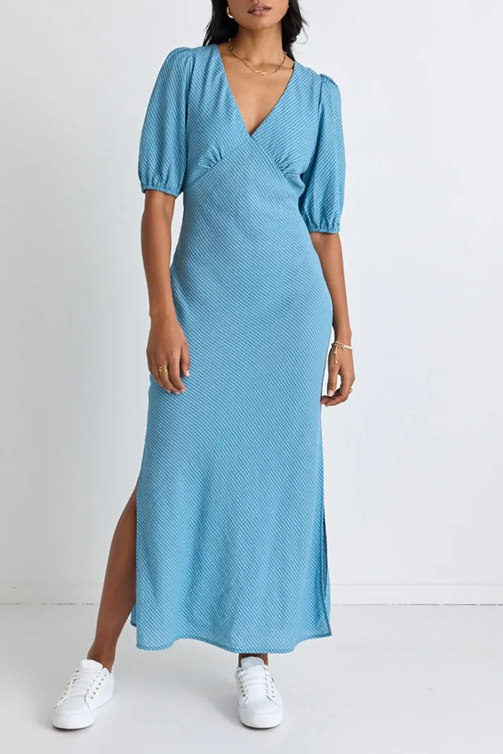 V-neck Short Sleeve Midi Dress