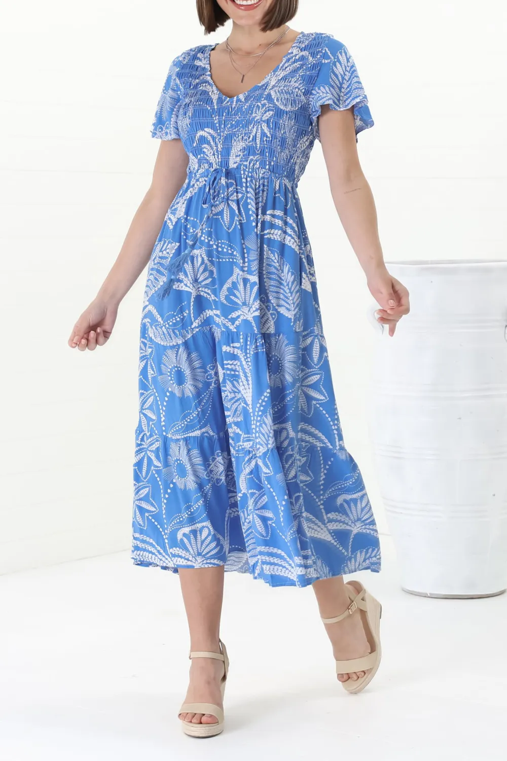 Blue Floral Print Flutter Sleeve Midi Dress