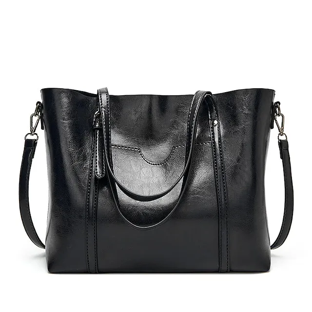 Women's Tote Shoulder Bag Shoulder Strap Tote Top Handle Bag PU Leather Daily Zipper Solid Color Wine Black Pink