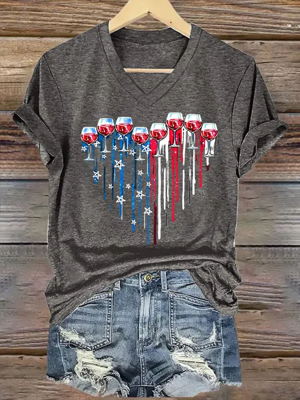 Woman'S Heart-Shaped Star Stripe Prints And Red Wine Glasses V-Neck Short-Sleeve T-Shirt