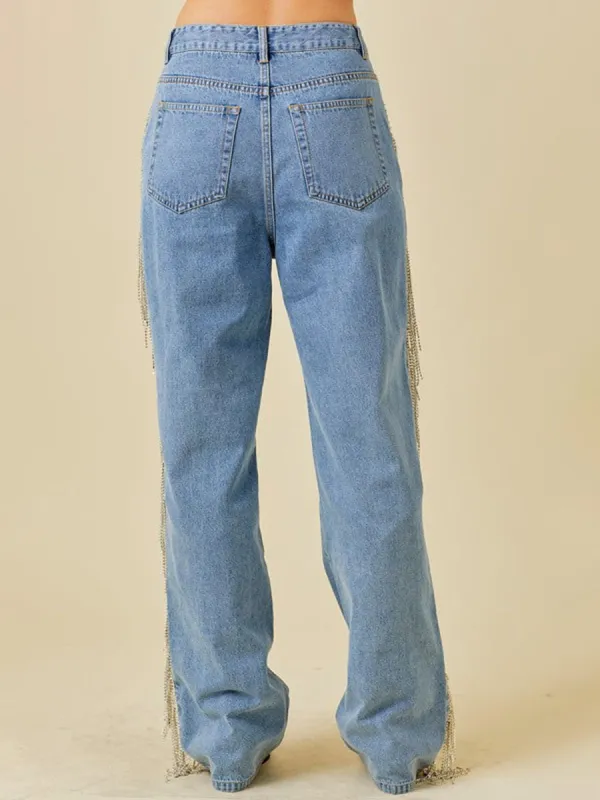 Side Sequin Fringe Jeans