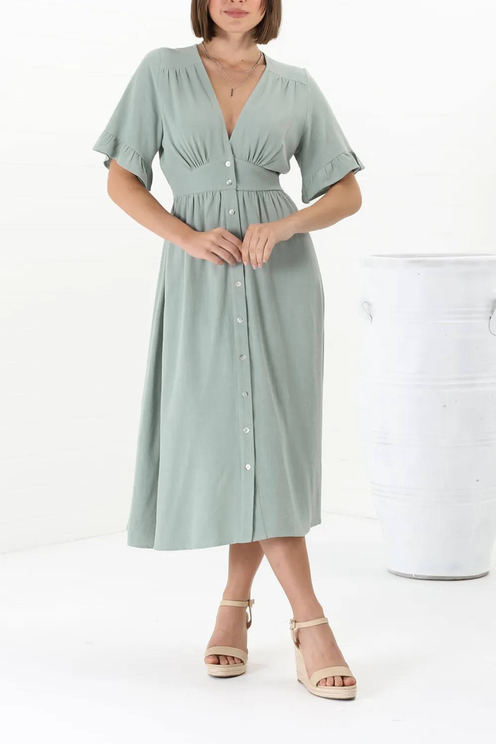 Light Green Button Down Flutter Sleeve Midi Dress