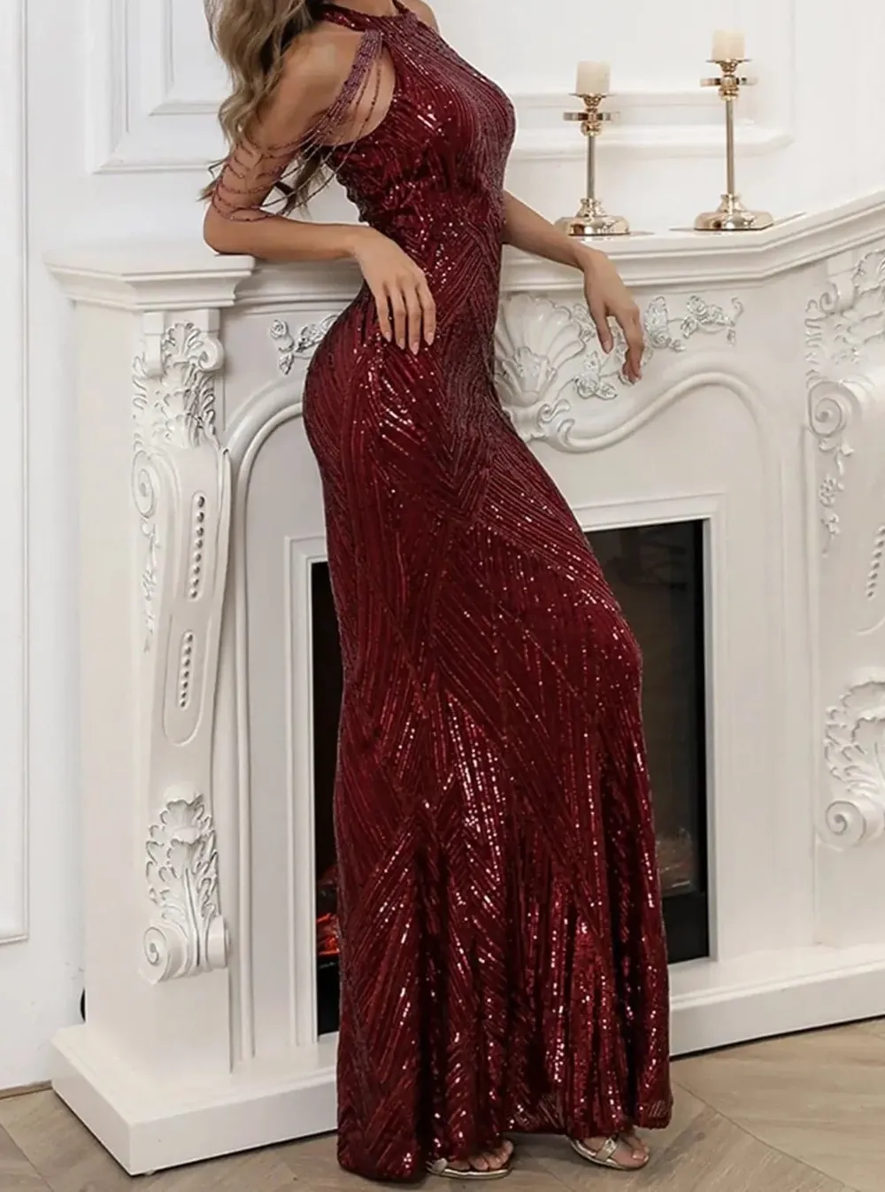Cold Shoulder Beads Chain Cocktail Dress