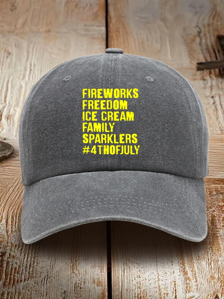 Fireworks Freedom Ice Cream Family Sparklers Print Washed Baseball Cap