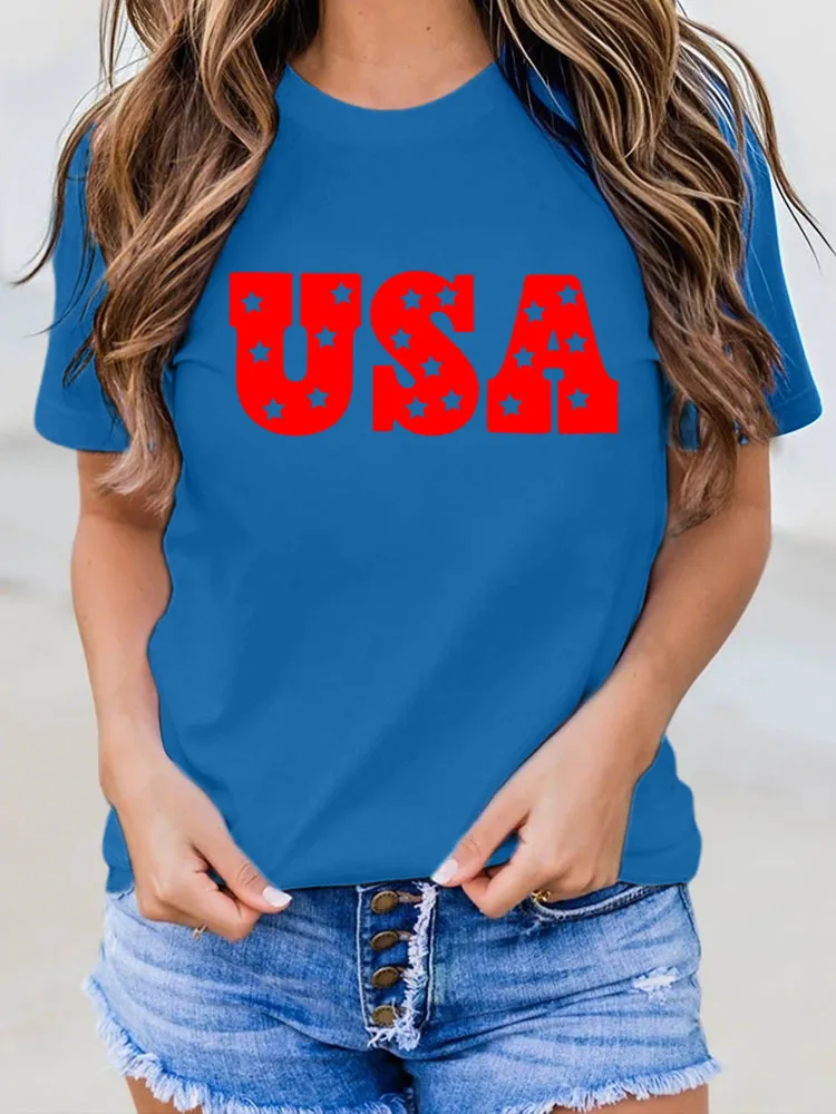 USA Print Round-Neck Short-Sleeved T-Shirt