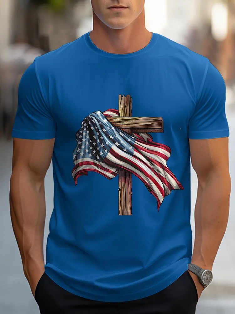 Man'S The Stars And Stripes Cross Print Round-Neck Short-Sleeved T-Shirt