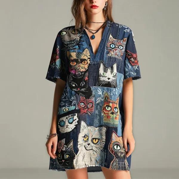 Shabby Patchwork Cowboy Cats Pattern Women's Linen Short Sleeve V-neck Mini Dress