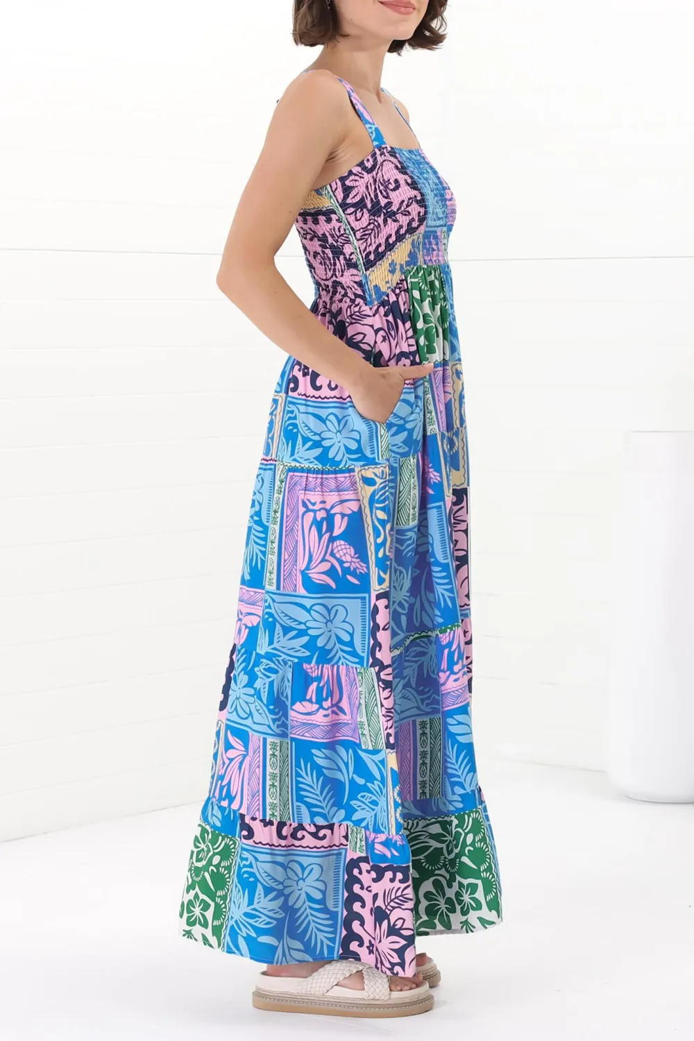Blue Patchwork Print Strapless Maxi Dress