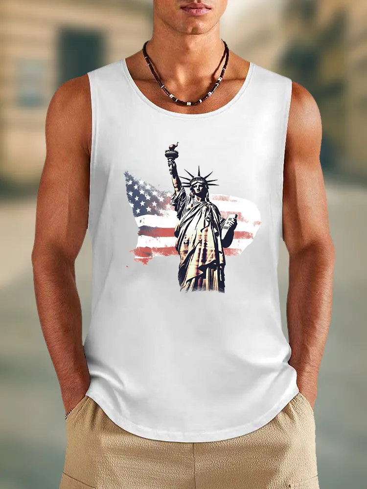 Men'S The Stars And Stripes And The Statue Of Liberty Print Round-Necked Sleeveless Vest