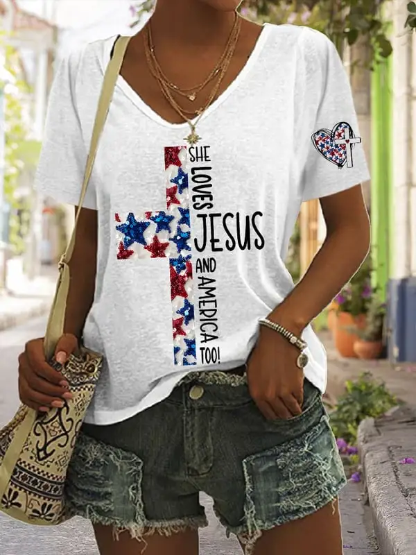 Woman'S She Loves Jesus And America Too! Short-Sleeve V-Neck T-Shirt