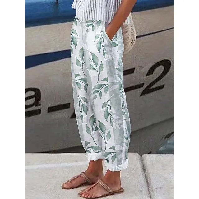 Women's Wide Leg Pants Trousers Baggy Ankle-Length Faux Linen Side Pockets Baggy Micro-elastic Mid Waist Fashion Designer Casual Weekend Gray Green White / Black S M