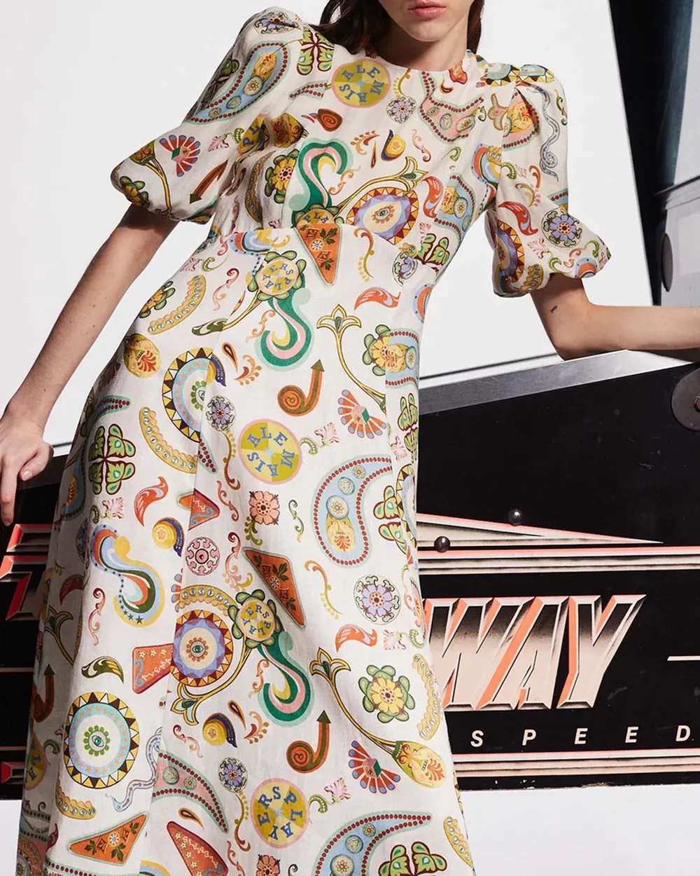 Print Puff Sleeves Midi Dresses
