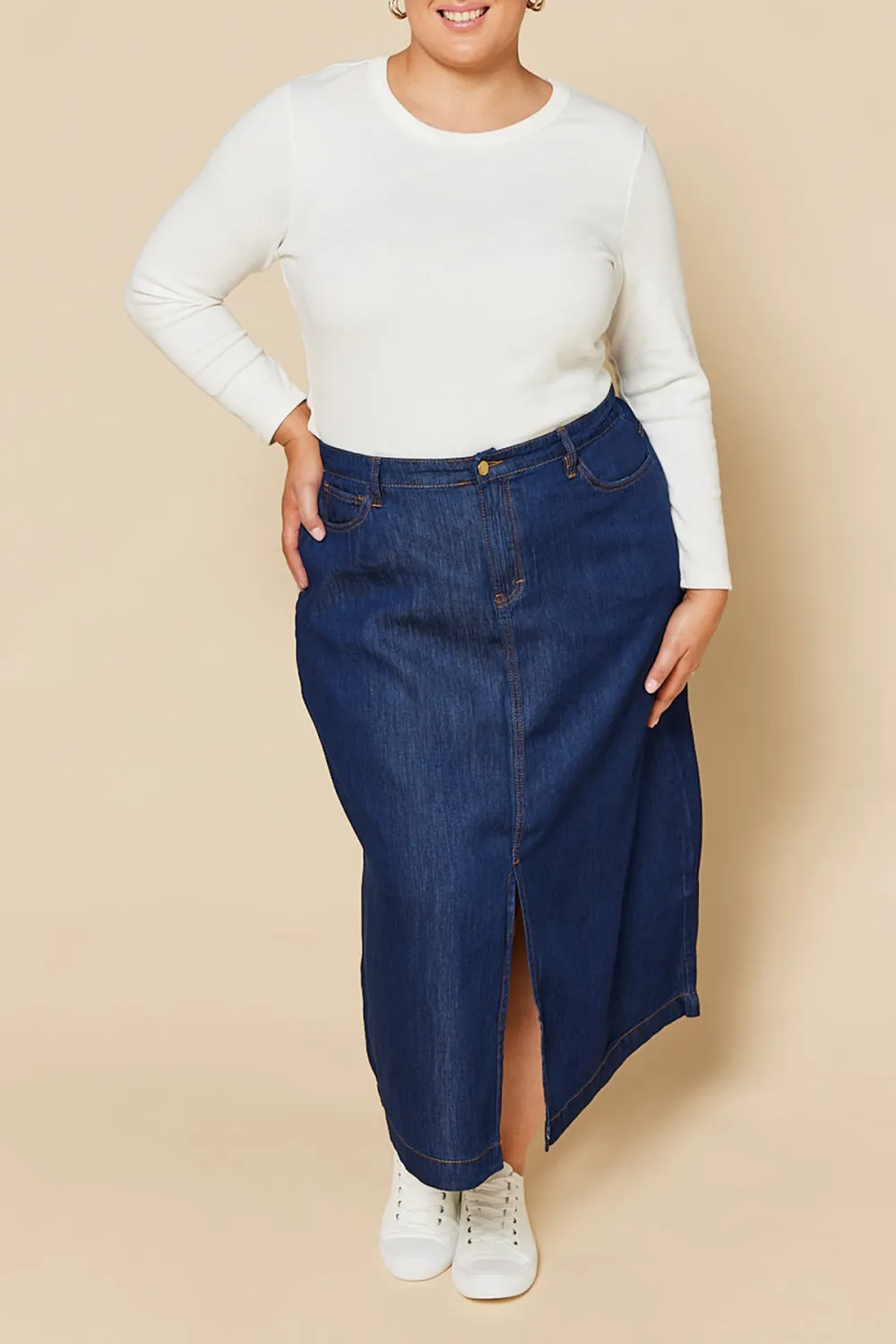 Adrift Split Tencel Skirt in Dark Wash