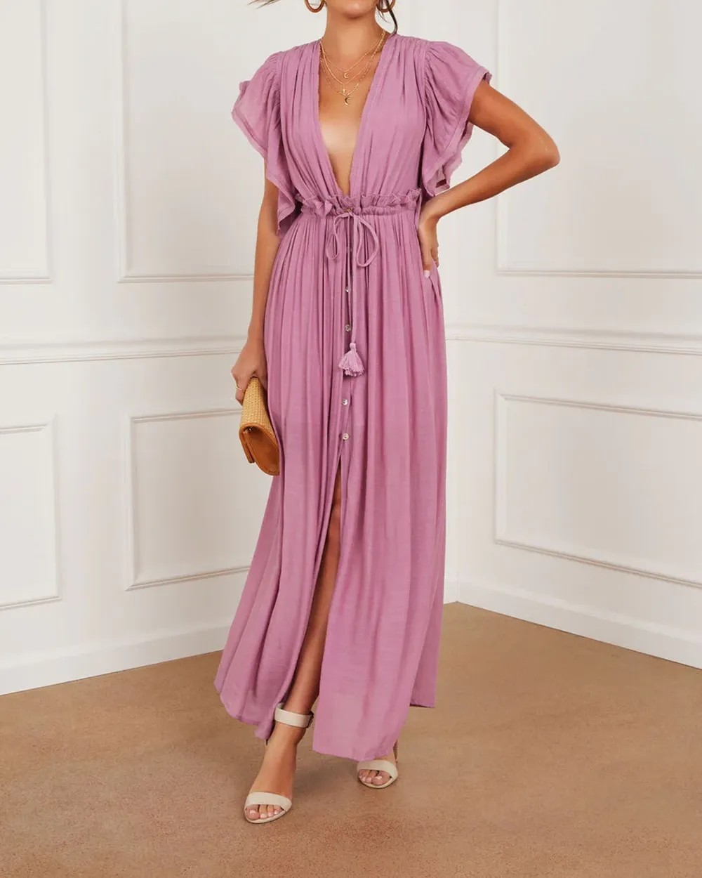 Button Front Cinched Waist Maxi Dress